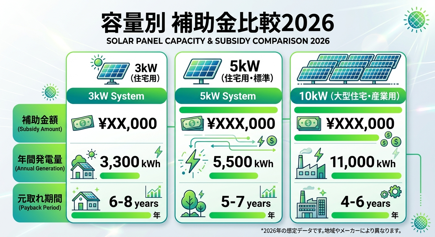 太陽光パネルの容量別補助金2026|3kW・5kW・10kWで比較