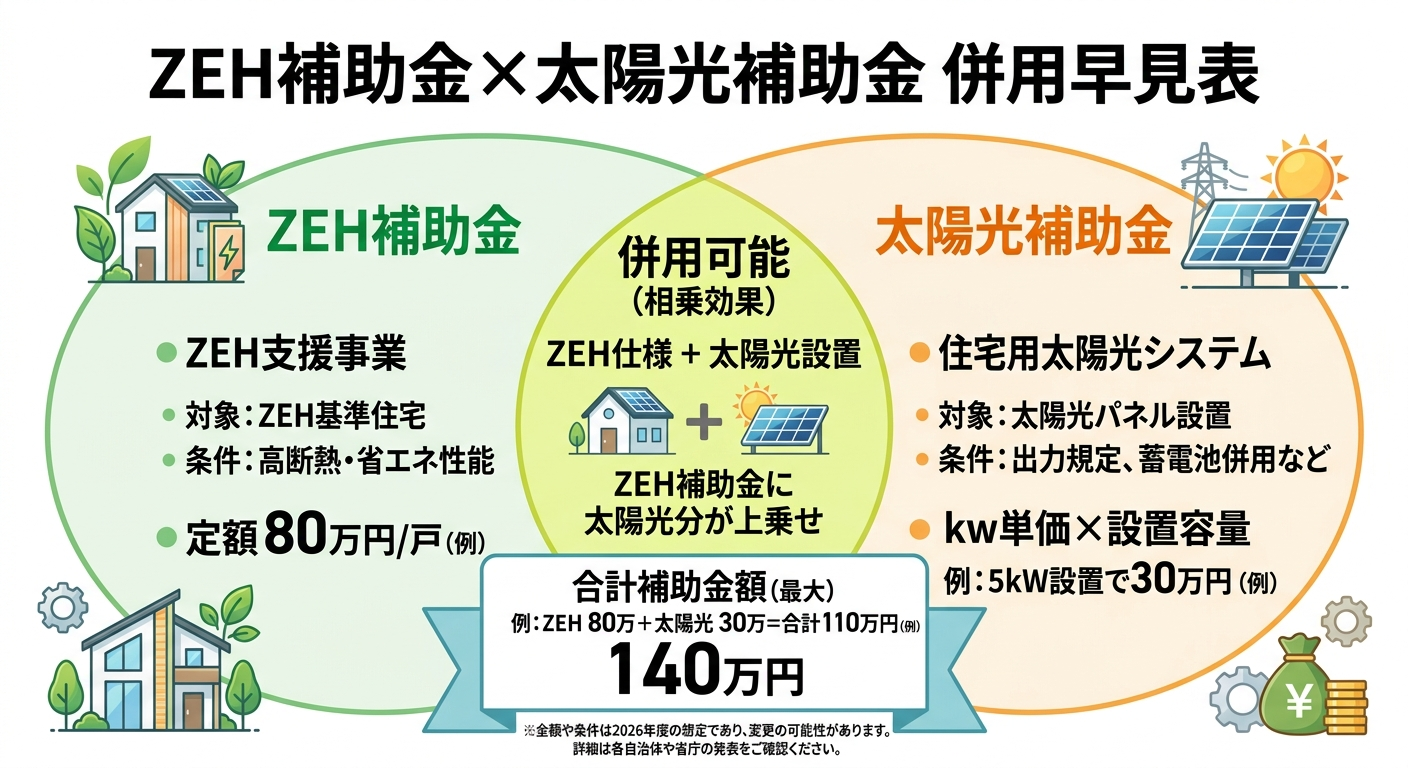 ZEH補助金と太陽光パネル補助金は併用できる?2026年版
