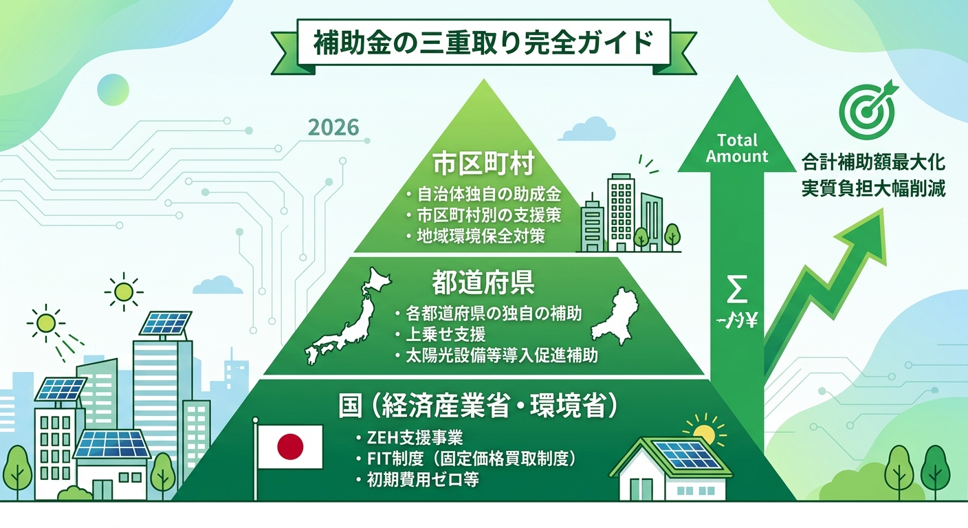 太陽光パネル補助金 国+都道府県+市で最大いくら重ねられる?
