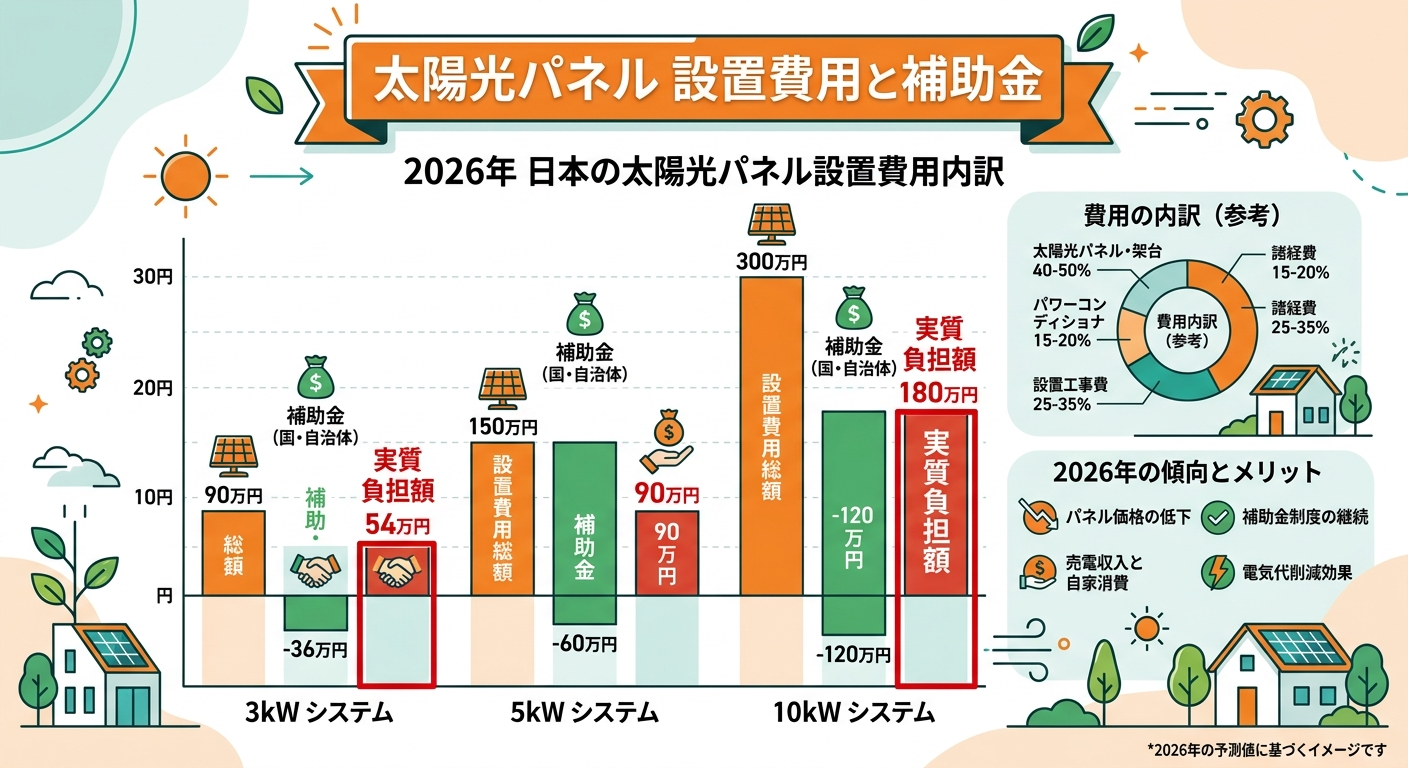 太陽光パネル設置費用2026｜工事費・本体代と補助金の計算方法