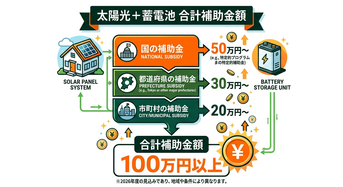 太陽光パネル+蓄電池セット補助金2026|合計いくらもらえる?