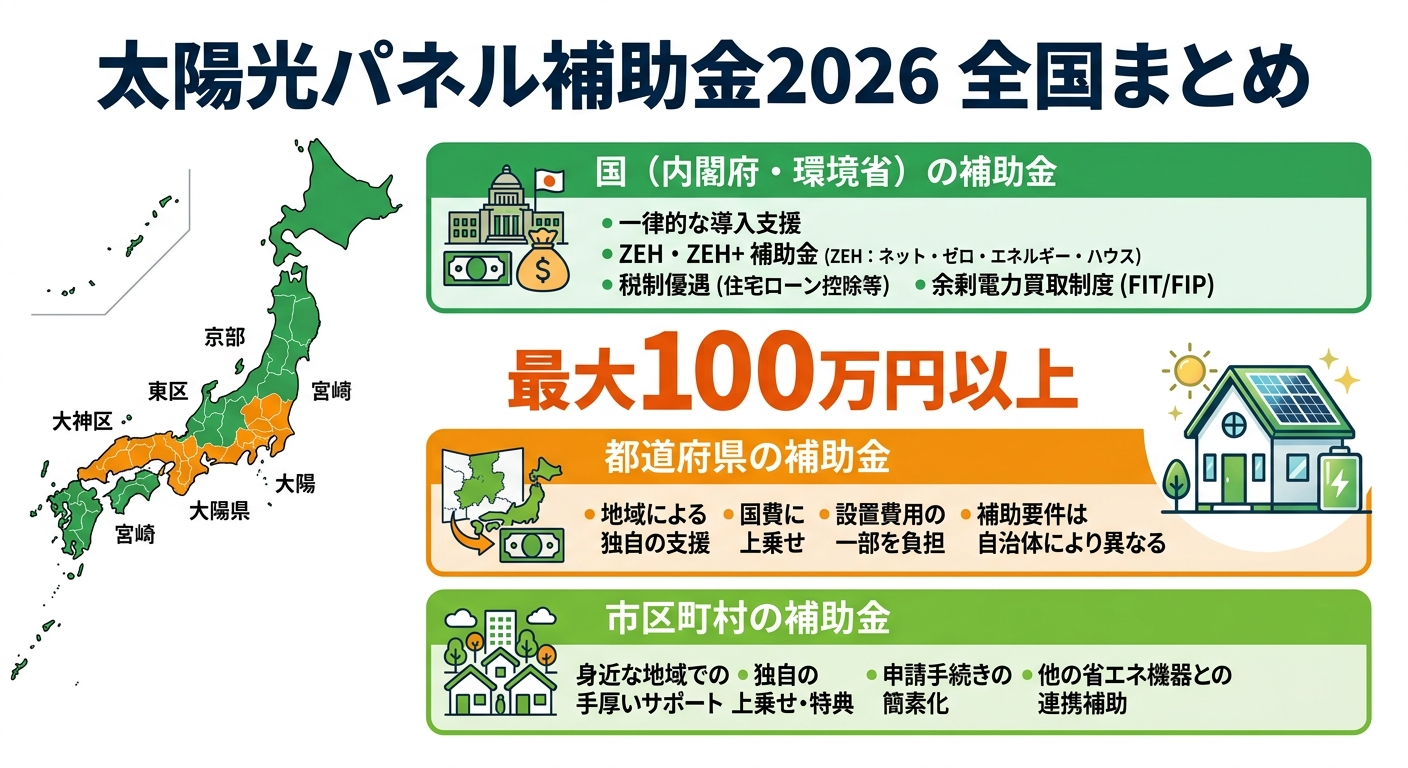 太陽光パネル補助金2026 全国まとめ｜国・自治体で最大いくら？