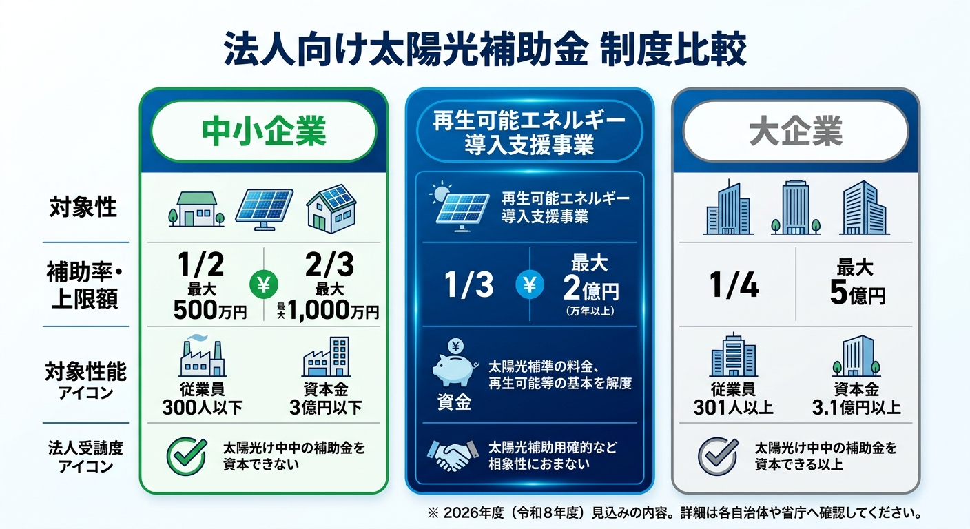 太陽光パネル補助金 法人向け2026|中小企業が使える制度・金額・申請条件を完全解説