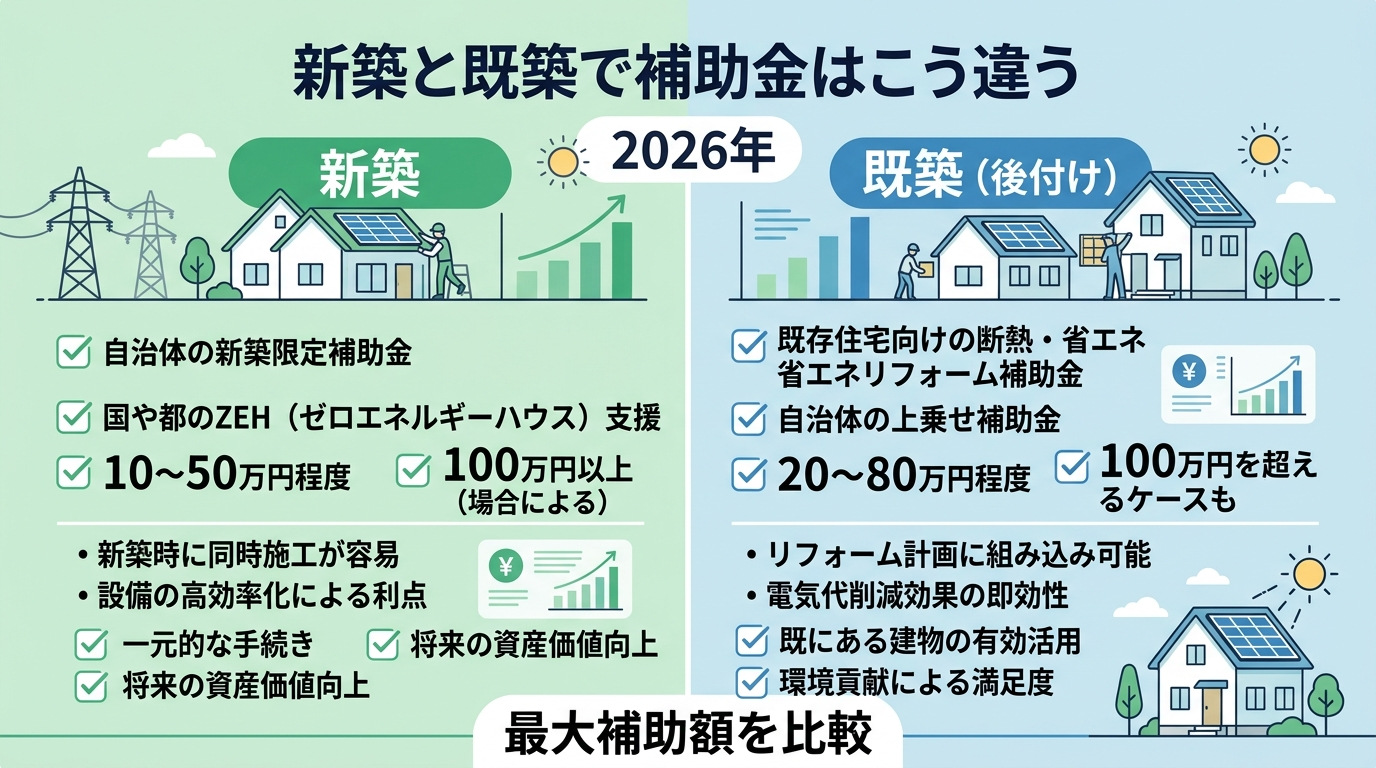 太陽光パネル設置時の補助金一覧2026｜新築・既築別の金額・条件・申請手順を完全解説